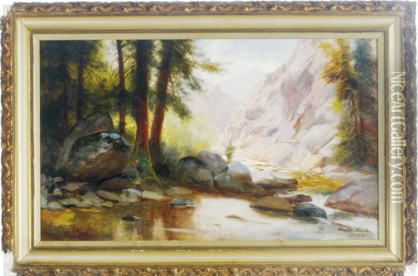 A Brook Running Through A Mountainpass Oil Painting - Hamilton Hamilton