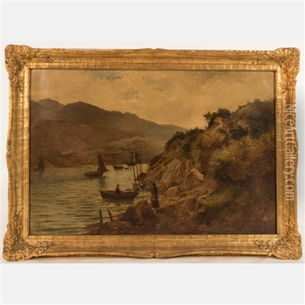 River Landscape With Figures And Boats Oil Painting - William Henry Bartlett