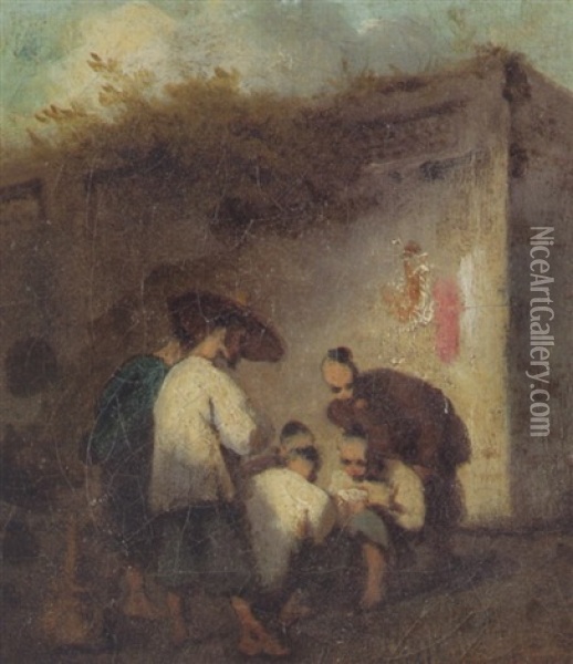 Chinese At Cards By A Wall Oil Painting - George Chinnery