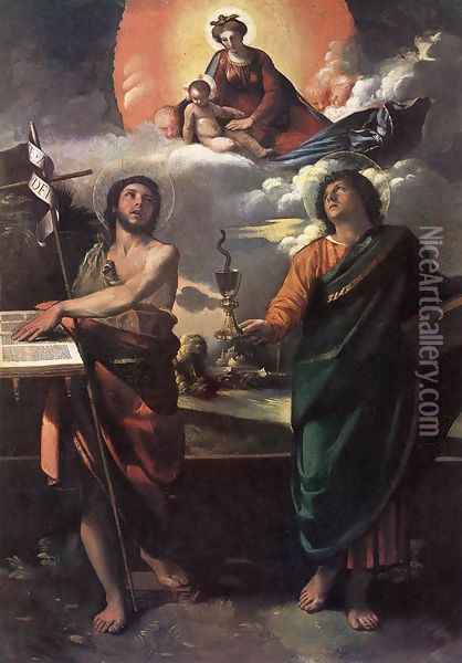 The Virgin Appearing to Sts John the Baptist and John the Evangelist 1520s Oil Painting - Dosso Dossi