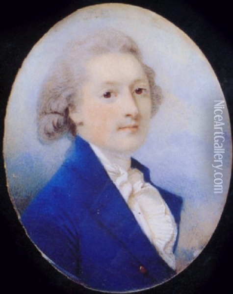 A Gentleman, In Blue Coat With Gold Buttons, White Frilled Shirt And Cravat, His Hair Powdered Oil Painting - Horace Hone