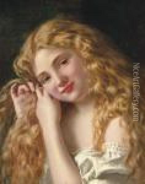 A Young Girl Braiding Her Hair Oil Painting - Sophie Gengembre Anderson
