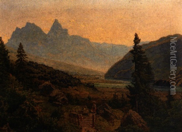 Flusslandschaft (der Junge Rhein?) Im Hochgebirge Mit Figurenstaffage Auf Altem Weg. Oil Painting - Johann Baptiste Heinefetter