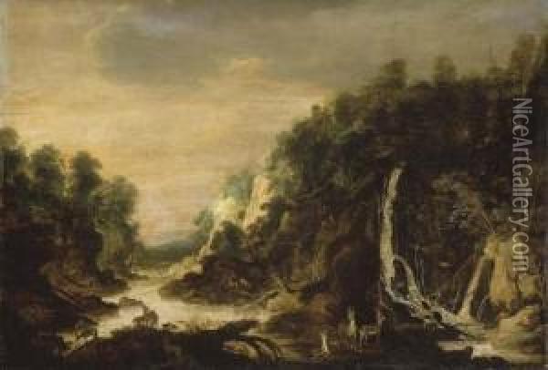 Paysage Avec Cerfs Et Biches Pres D'une Cascade Oil Painting - Philippe I De Momper