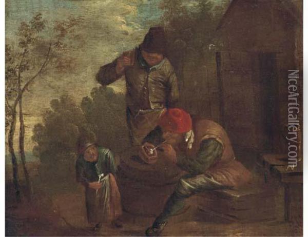 Peasants Smoking And Drinking Outside A Cottage Oil Painting - David The Younger Teniers