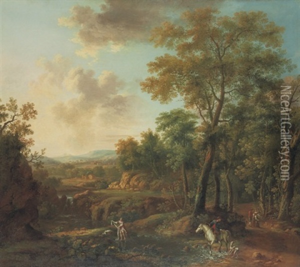 An Extensive Wooded River Landscape With Figures In The Foreground Oil Painting - George Barret