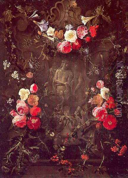 Garland of Flowers with the Ecce Homo (painted with Daniel Seghers) Oil Painting - Erasmus II Quellin (Quellinus)