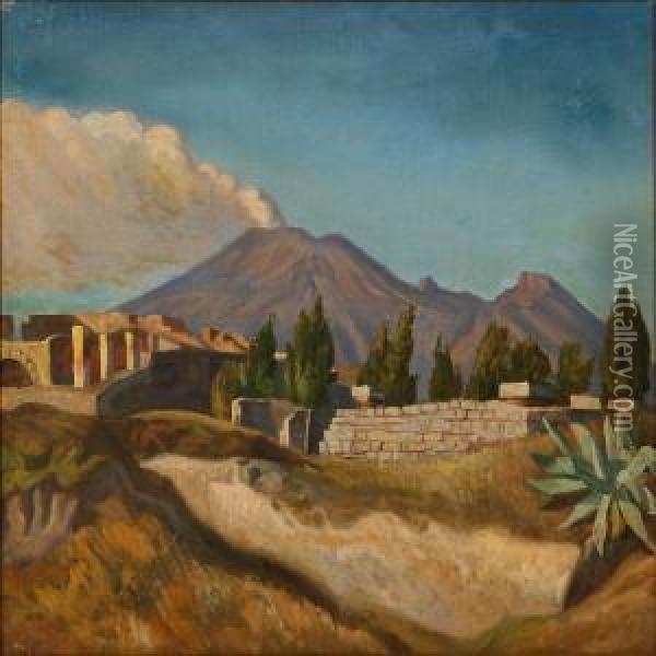 Landscape From Pompeii With Mount Vesuvius In Thebackground Oil Painting - Harald Peter W. Schumacher