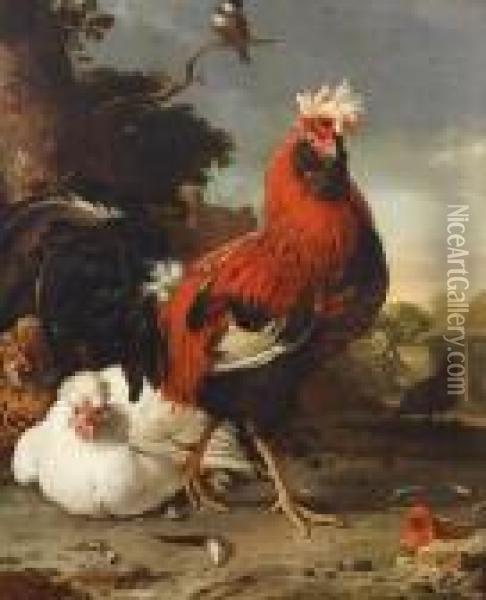 A Cockerel And Other Decorative Fowl In Alandscape Oil Painting - Melchior de Hondecoeter