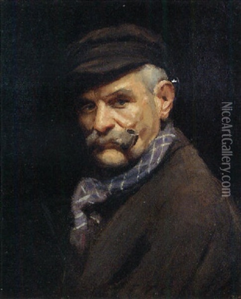 Portrait Of A Gentleman Wearing A Cap, Smoking A Pipe Oil Painting - Frank Thomas Copnall