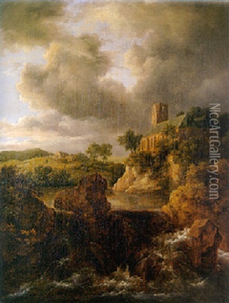 A Waterfall In Mountainous Landscape, A Church On A Cliff Beyond Oil Painting - Jacob Van Ruisdael