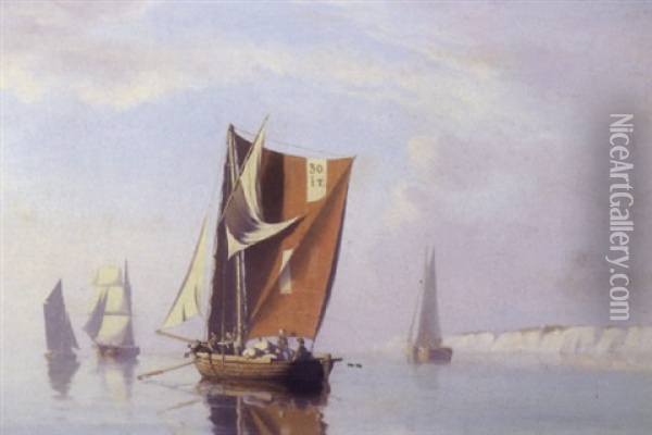 Marine Med Sejlskibe Udfor Kyst Oil Painting - Carl Johann Neumann