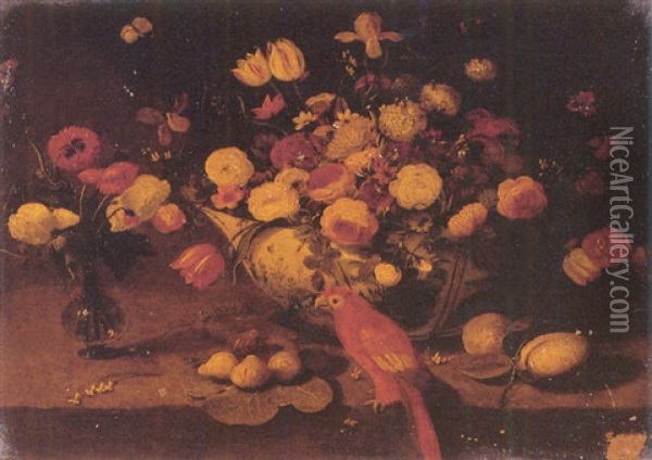Nature Morte A La Coupe De Fleurs Et Au Perroquet Oil Painting - Jan van Kessel the Younger