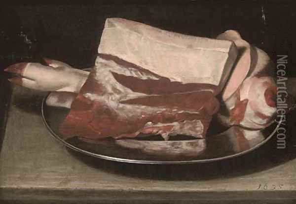 A leg of pork on a pewter plate, on a table Oil Painting - Sebastien Stoskopff