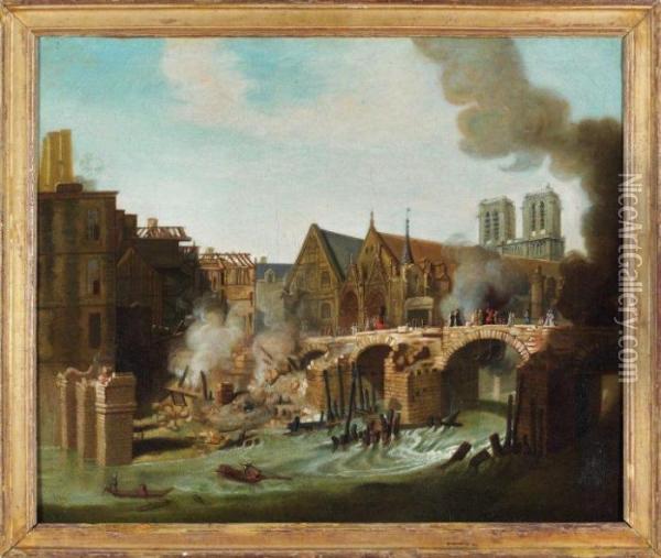 L'incendie Du Pont De L'hoteldieu Oil Painting - Jean-Baptiste Oudry