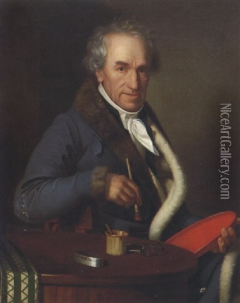 Portrait Seines Vaters (?) Mit Farbe Und Pinsel Oil Painting - Johannes Luethy