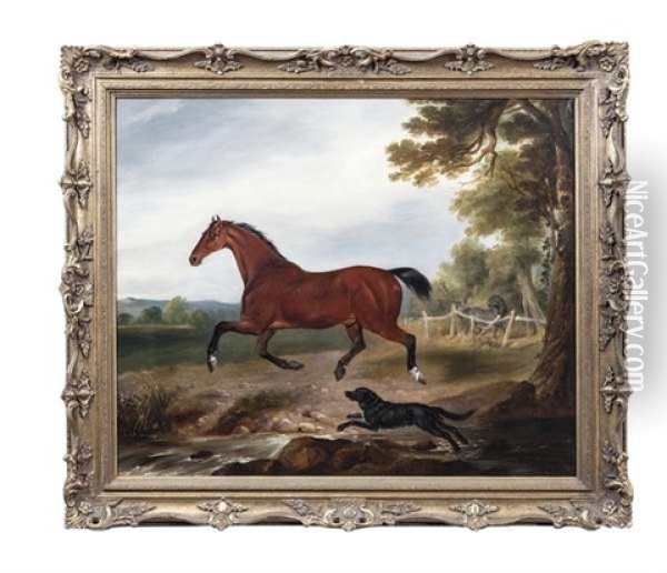 A Bay Stallion With A Dog In Landscape Oil Painting - William Brocas