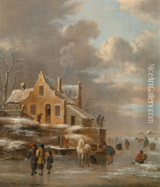 Winterlandschaft Mit Pferdekarren Und Eislaufern Oil Painting - Nicolaes Molenaer