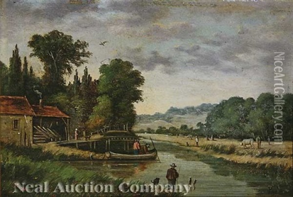 Fishing (+ A Resting Place; Pair) Oil Painting - Jules Eugene Pages