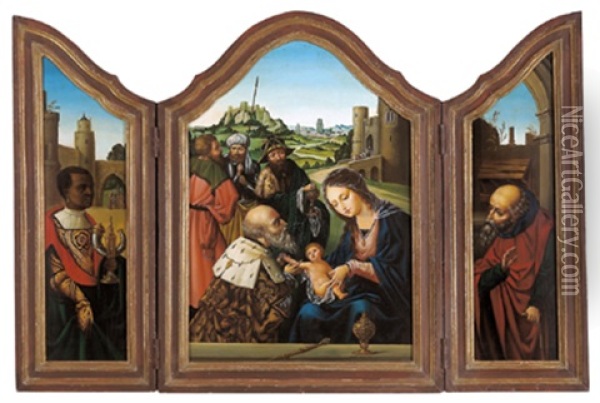 Die Anbetung Der Konige, Ein Heiliger Konig Und Der Heilige Josef (triptych) Oil Painting - Pieter Coecke van Aelst the Elder