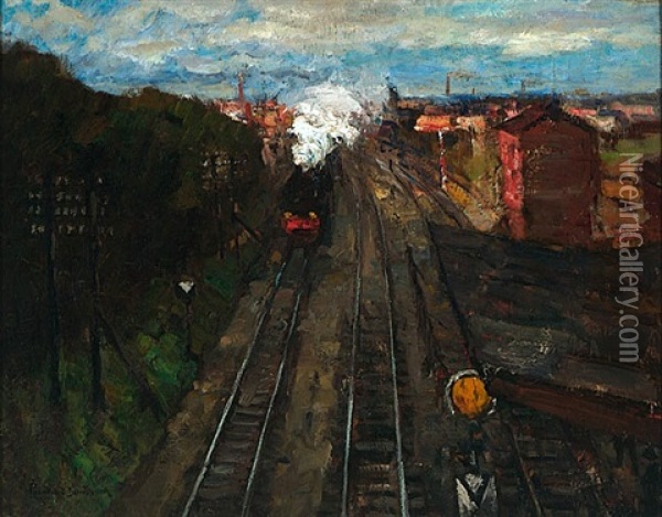 Vorstadtlandschaft Mit Dampflokomotive Oil Painting - Leonhard Sandrock