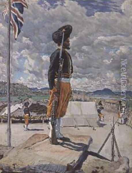 A Sikh Sentry Fort Johnston Nyasaland Oil Painting - Harry Hamilton Johnston