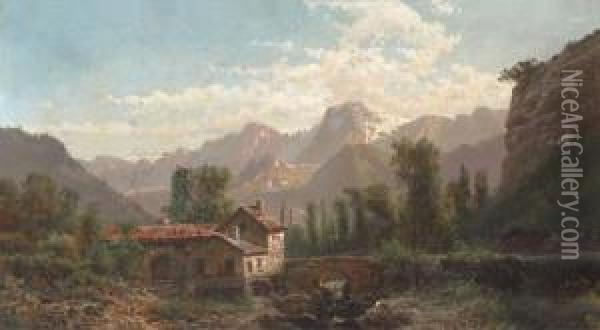 At A Bridge In A Mountainous Landscape; And A Figure In An Alpine Landscape Oil Painting - Alfred Godchaux