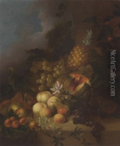Grapes, Peaches, Pears, Apples, Apricots, A Melon And A Pineapple On A Ledge Oil Painting - Joseph Rhodes