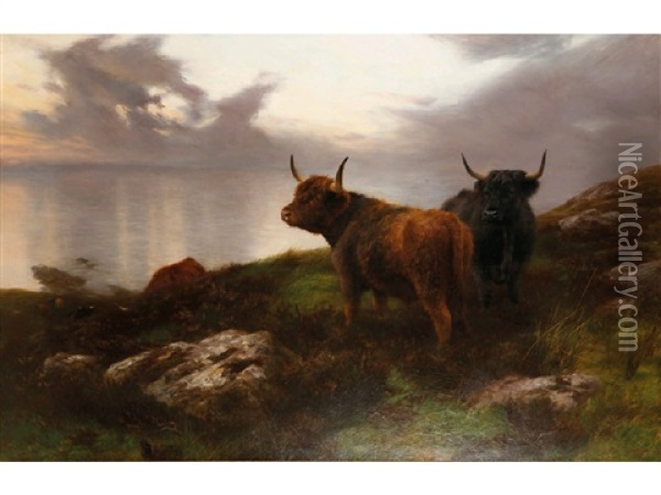 Highland Cattle In An Extensive Evening Moorland And Seascape Oil Painting - Peter Graham