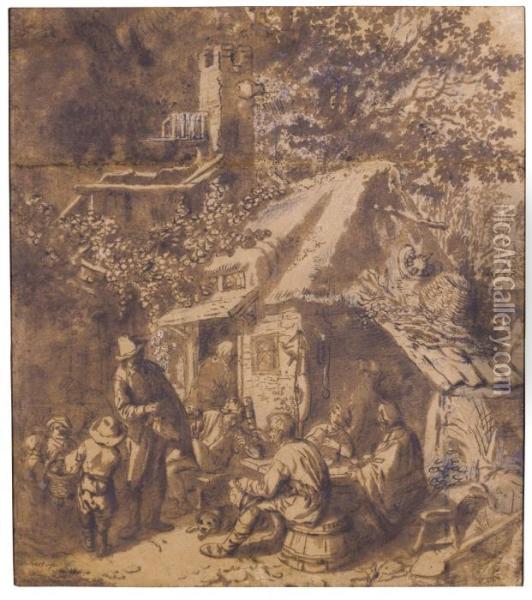 A Hurdy-gurdy Player With Peasants And Children Outside An Inn Oil Painting - Cornelis Dusart