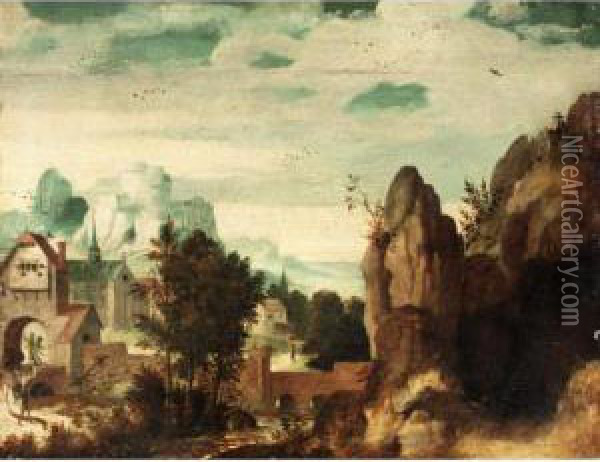 Landscape With A Mountaintop Castle Above A Walled Town Oil Painting - Lucas van Valckenborch