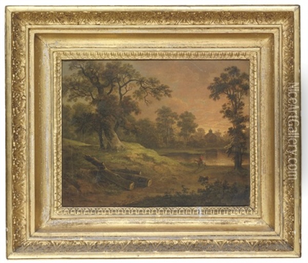 A Wooded Landscape With A Figure On Horseback By A Lake, A Church Beyond Oil Painting - John Rathbone
