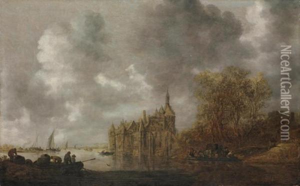 An Extensive River Landscape With Figures Rowing And A Castle Beyond Oil Painting - Jan van Goyen