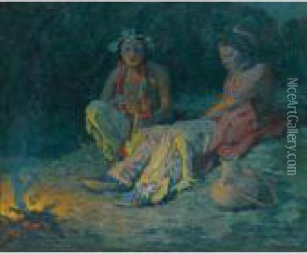 Moonlight Campfire Oil Painting - Eanger Irving Couse
