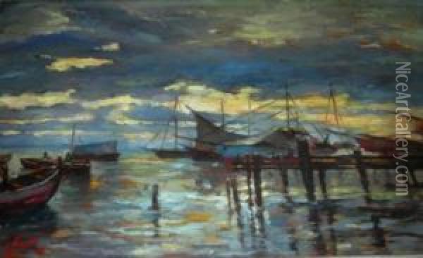 Marina Con Barche E Pontile Oil Painting - Gennaro Pardo