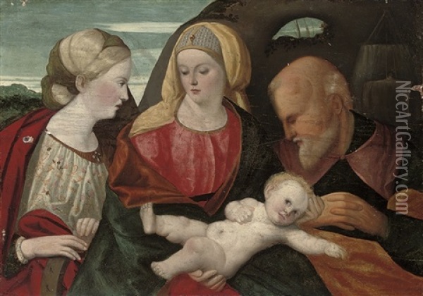 The Holy Family With Saint Catherine Of Alexandria Oil Painting - Francesco Di Simone Da Santacroce