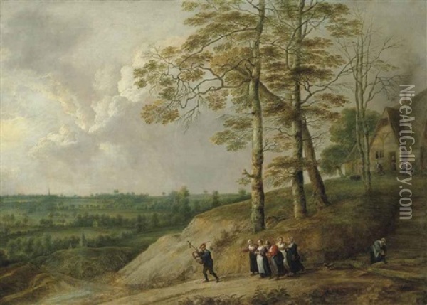 An Extensive Landscape With A Bagpiper And Other Figures On A Path, A Farmhouse Beyond Oil Painting - Lucas van Uhden
