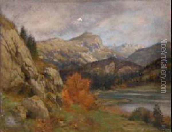 Gebirgslandschaft Mit See Im Herbst. Oil Painting - Erich Kubierschky