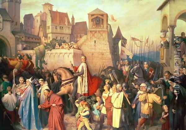 Duke Leopold the Glorious 1176-1230 enters Vienna on his return from the Crusades Oil Painting - Josef Mathias Trenkwald