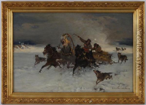 Attelage Poursuivi Par Des Loups Oil Painting - Ignacy Zygmuntowicz