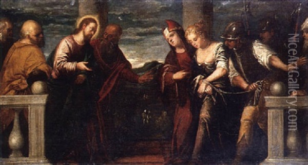 Christ And The Woman Taken In Adultery Oil Painting - Jacopo Palma il Giovane