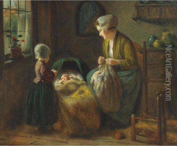 Dutch Interior With Mother And Children Oil Painting - Jan Hendrick van Grootvelt