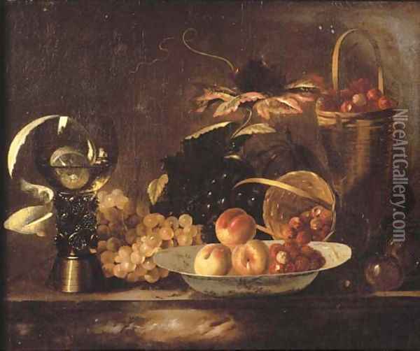 Peaches and raspberries on a dish, with grapes, a roemer, a partly-peeled lemon and a basket on a marble ledge Oil Painting - Barend or Bernardus van der Meer