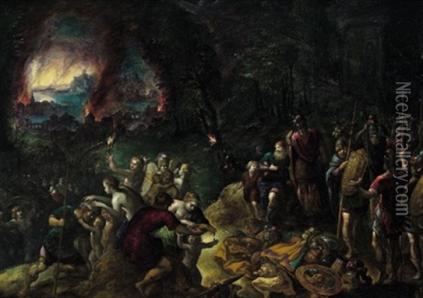 Die Flucht Des Aeneas Mit Seinem Vater Anchises Und Dem Sohn Ascanius Aus Dem Brennenden Troja Oil Painting - Jan Brueghel the Elder
