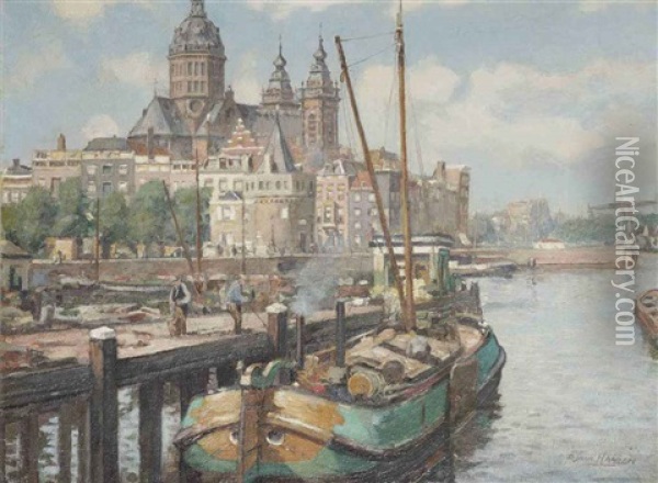 View Of The Prins Hendrikkade, With The St. Nicolaaskerk Beyond, Amsterdam Oil Painting - Dirk Johannes Van Haaren