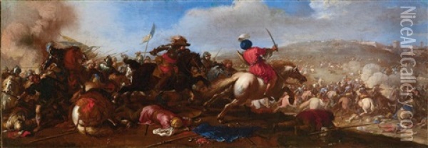 Battle Scene With Cavalry Between Turks And Christians; And Battle Scenes With Cavalry Between Turks And Christians Oil Painting - Jacques Courtois