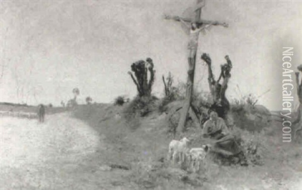 Rural Figures Resting Under A Wayside Cross Oil Painting - Sir David Murray