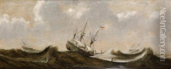Fartyg I Grov Sjo Oil Painting - Claes Claesz. Wou