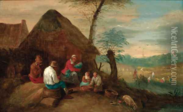 Harvesters resting by a cottage Oil Painting - Theobald Michau