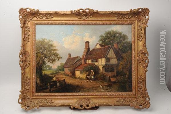 Figures Beside A Country Cottage With Ducks Inpond Oil Painting - Thomas Smythe
